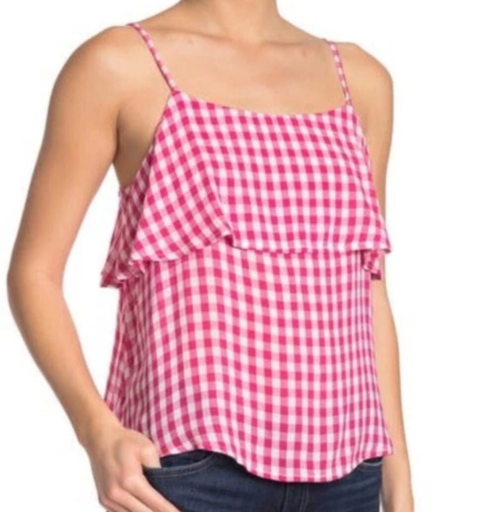 New Abound Gingham Tiered Layered Ruffle Camisole Tank Top Pink White Medium